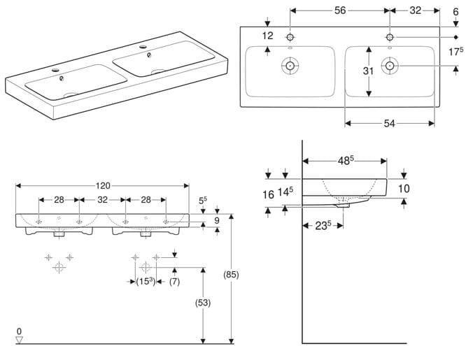 GEBERIT ICON dvojumývadlo 120 cm, s 2 otvormi pre batérie a prepadom, KeraTect 124120600 Technický nákres