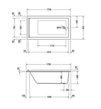 DURAVIT STARCK vaňa 170x90 cm, bez nožičiek, akrylát 700337000000000 Technický nákres