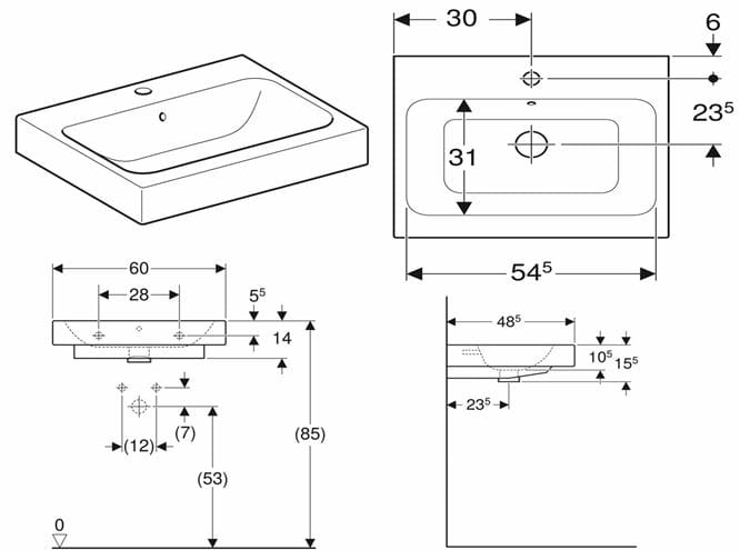 GEBERIT ICON umývadlo 60 cm, s otvorom pre batériu a prepadom 124560000 Technický nákres