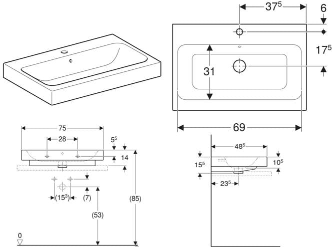 GEBERIT ICON umývadlo na dosku 75 cm, s otvorom pre batériu a prepadom 124575000 Technický nákres