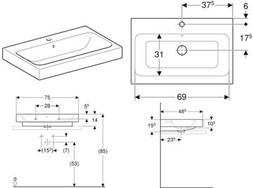 GEBERIT ICON umývadlo na dosku 75 cm, s otvorom pre batériu a prepadom 124575000 Technický nákres