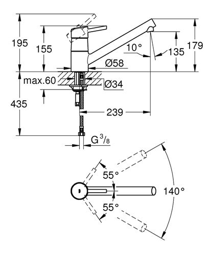 GROHE CONCETTO drezová batéria, chróm 32659001 Technický nákres