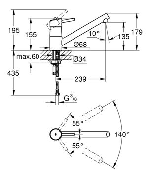 GROHE CONCETTO drezová batéria, chróm 32659001 Technický nákres