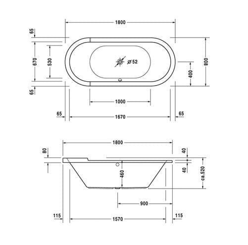 DURAVIT STARCK vaňa 180x80 cm, pre 2 osoby, bez nožičiek, akrylát 700009000000000 Technický nákres