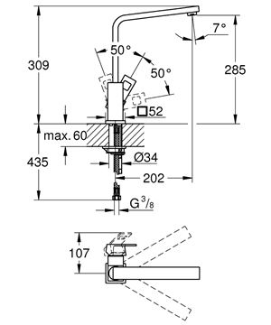 GROHE EUROCUBE drezová batéria, chróm 31255000 Technický nákres