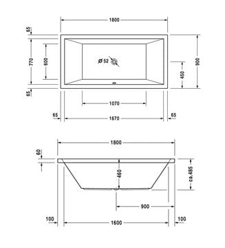 DURAVIT STARCK vaňa 180x90 cm, pre 2 osoby, bez nožičiek, akrylát 700052000000000 Technický nákres