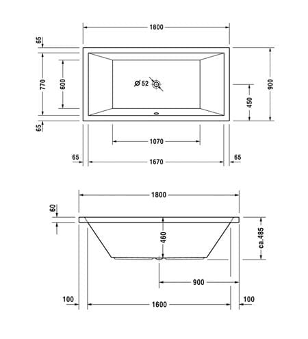 DURAVIT STARCK vaňa 180x90 cm, pre 2 osoby, bez nožičiek, akrylát 700052000000000 Technický nákres