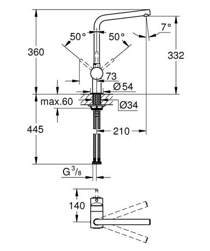 GROHE MINTA drezová batéria, chróm 31375000 Technický nákres