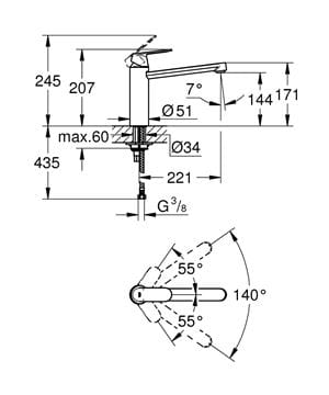 GROHE EUROSMART drezová batéria, chróm 30193000 Technický nákres