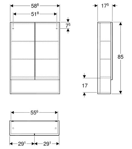 GEBERIT SELNOVA SQUARE zrkadlová skrinka 58,8x85x17,5 cm, drevotrieska, svetlý orech hickory 501.267.00.1 Technický nákres