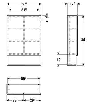 GEBERIT SELNOVA SQUARE zrkadlová skrinka 58,8x85x17,5 cm, drevotrieska, svetlý orech hickory 501.267.00.1 Technický nákres