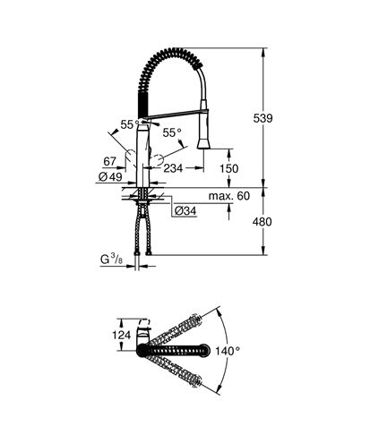 GROHE K7 drezová batéria, s flexi ramienkom a sprškou, supersteel 31379DC0 Technický nákres