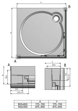 ROTH LEGA LINE LLS2/900 SMONT sprchový kút 90x90 cm, rohový vstup, posuvné dvere, brillant/sklo transparent 554-9000000-00-02 Technický nákres