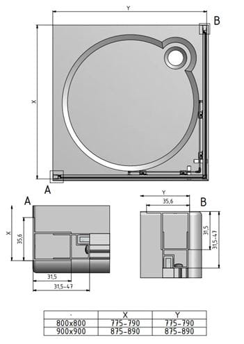 ROTH LEGA LINE LLS2/900 SMONT sprchový kút 90x90 cm, rohový vstup, posuvné dvere, brillant/sklo transparent 554-9000000-00-02 Technický nákres