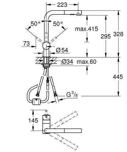 GROHE MINTA drezová batéria, s vyťahovacou sprškou, supersteel 30274DC0 Technický nákres