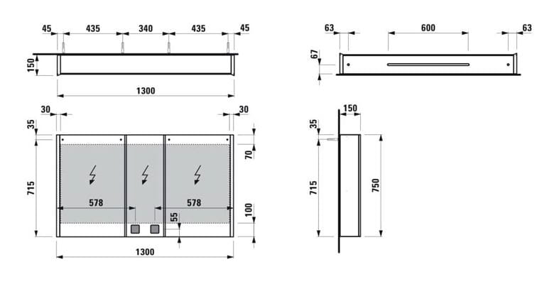 LAUFEN FRAME 25 zrkadlová skrinka 130x75x15 cm, osvetlenie, s vypínačom a el. zásuvkou, hliník, zrkadlo H4087549001441 Technický nákres