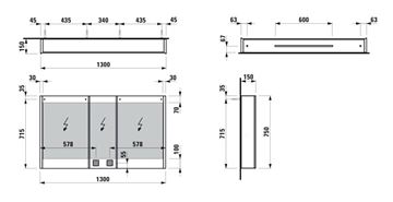 LAUFEN FRAME 25 zrkadlová skrinka 130x75x15 cm, osvetlenie, s vypínačom a el. zásuvkou, hliník, zrkadlo H4087549001441 Technický nákres