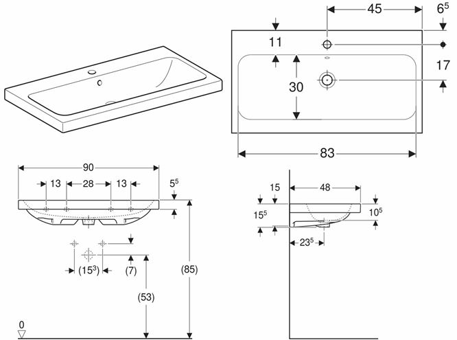 GEBERIT ICON LIGHT umývadlo 90 cm, s otvorom pre batériu a prepadom 501.836.00.1 Technický nákres
