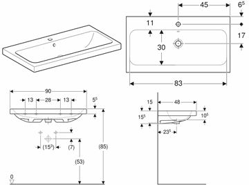GEBERIT ICON LIGHT umývadlo 90 cm, s otvorom pre batériu a prepadom, KeraTect 501.836.00.2 Technický nákres