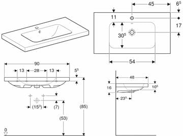 GEBERIT ICON LIGHT umývadlo 90 cm, s otvorom pre batériu a prepadom, KeraTect 501.840.00.2 Technický nákres
