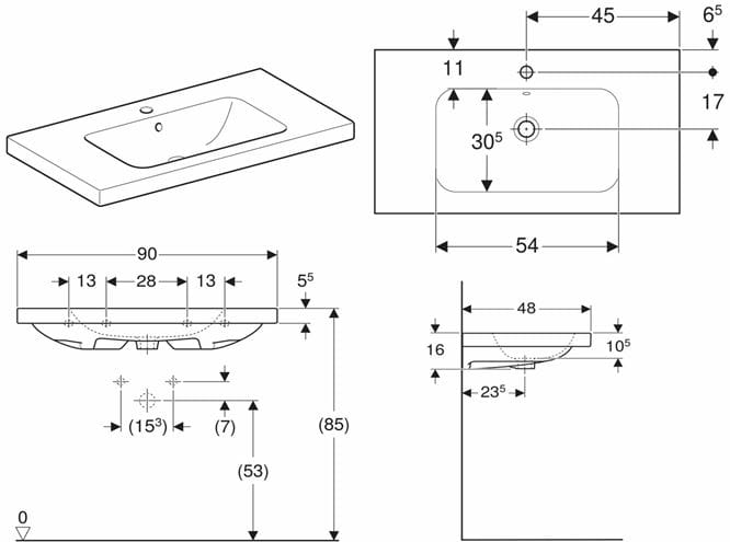 GEBERIT ICON LIGHT umývadlo 90 cm, s otvorom pre batériu a prepadom, KeraTect 501.840.00.2 Technický nákres