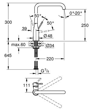 GROHE ESSENCE NEW drezová batéria, chróm 30269000 Technický nákres