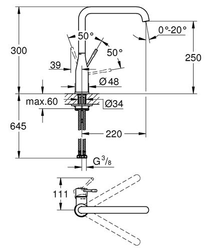 GROHE ESSENCE NEW drezová batéria, chróm 30269000 Technický nákres