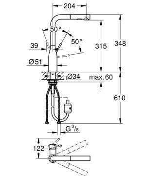 GROHE ESSENCE NEW drezová batéria, s vyťahovacou sprškou, supersteel 30270DC0 Technický nákres
