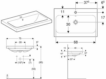 GEBERIT ICON LIGHT umývadlo 75 cm, s otvorom pre batériu a prepadom 501.835.00.1 Technický nákres