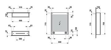 LAUFEN FRAME 25 zrkadlová skrinka 60x75x15 cm, osvetlenie, s vypínačom a el. zásuvkou, pánty vľavo, hliník, zrkadlo H4084519001441 Technický nákres