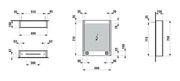 LAUFEN FRAME 25 zrkadlová skrinka 60x75x15 cm, osvetlenie, s vypínačom a el. zásuvkou, pánty vpravo, hliník, zrkadlo H4084529001441 Technický nákres