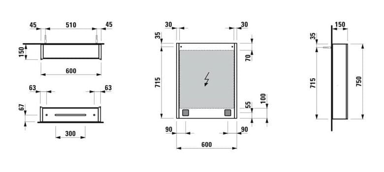 LAUFEN FRAME 25 zrkadlová skrinka 60x75x15 cm, osvetlenie, s vypínačom a el. zásuvkou, pánty vpravo, hliník, zrkadlo H4084529001441 Technický nákres