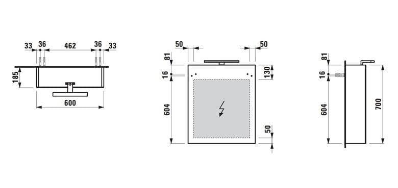 LAUFEN BASE zrkadlová skrinka 60x70x18,5 cm, osvetlenie, s vypínačom a el. zásuvkou, pánty vľavo, MDF, matná biela H4027511102601 Technický nákres
