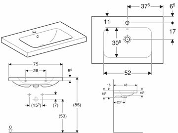 GEBERIT ICON LIGHT umývadlo 75 cm, s otvorom pre batériu a prepadom, KeraTect 501.839.00.2 Technický nákres