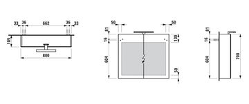 LAUFEN BASE zrkadlová skrinka 80x70x18,5 cm, osvetlenie, s vypínačom a el. zásuvkou, pánty vľavo, MDF, matná biela H4028021102601 Technický nákres