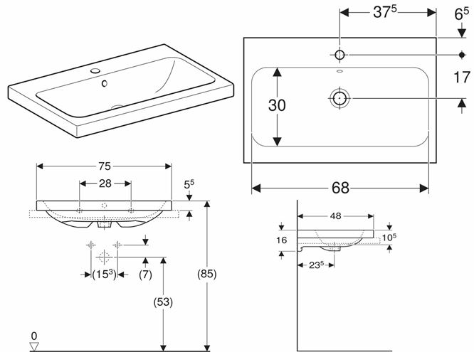 GEBERIT ICON LIGHT umývadlo 75 cm, s otvorom pre batériu a prepadom 501.848.00.1 Technický nákres