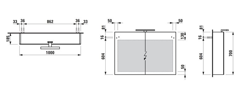 LAUFEN BASE zrkadlová skrinka 100x70x18,5 cm, osvetlenie, s vypínačom a el. zásuvkou, MDF, lesklá biela H4028521102611 Technický nákres