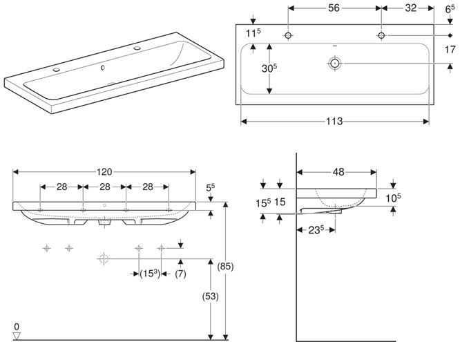 GEBERIT ICON LIGHT umývadlo 120 cm, s 2 otvormi pre batérie a prepadom 501.837.00.1 Technický nákres