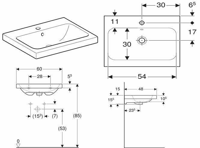 GEBERIT ICON LIGHT umývadlo 60 cm, s otvorom pre batériu a prepadom, KeraTect 501.834.00.2 Technický nákres