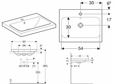 GEBERIT ICON LIGHT umývadlo 60 cm, s otvorom pre batériu a prepadom 501.847.00.1 Technický nákres