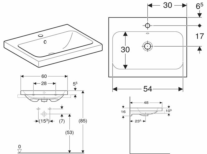GEBERIT ICON LIGHT umývadlo 60 cm, s otvorom pre batériu a prepadom 501.847.00.1 Technický nákres