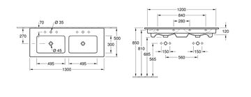 VILLEROY & BOCH VERITY LINE dvojumývadlo 130 cm, s 2 otvormi pre batérie a prepadom, CeramicPlus, alpská biela 4A11DLR1 Technický nákres