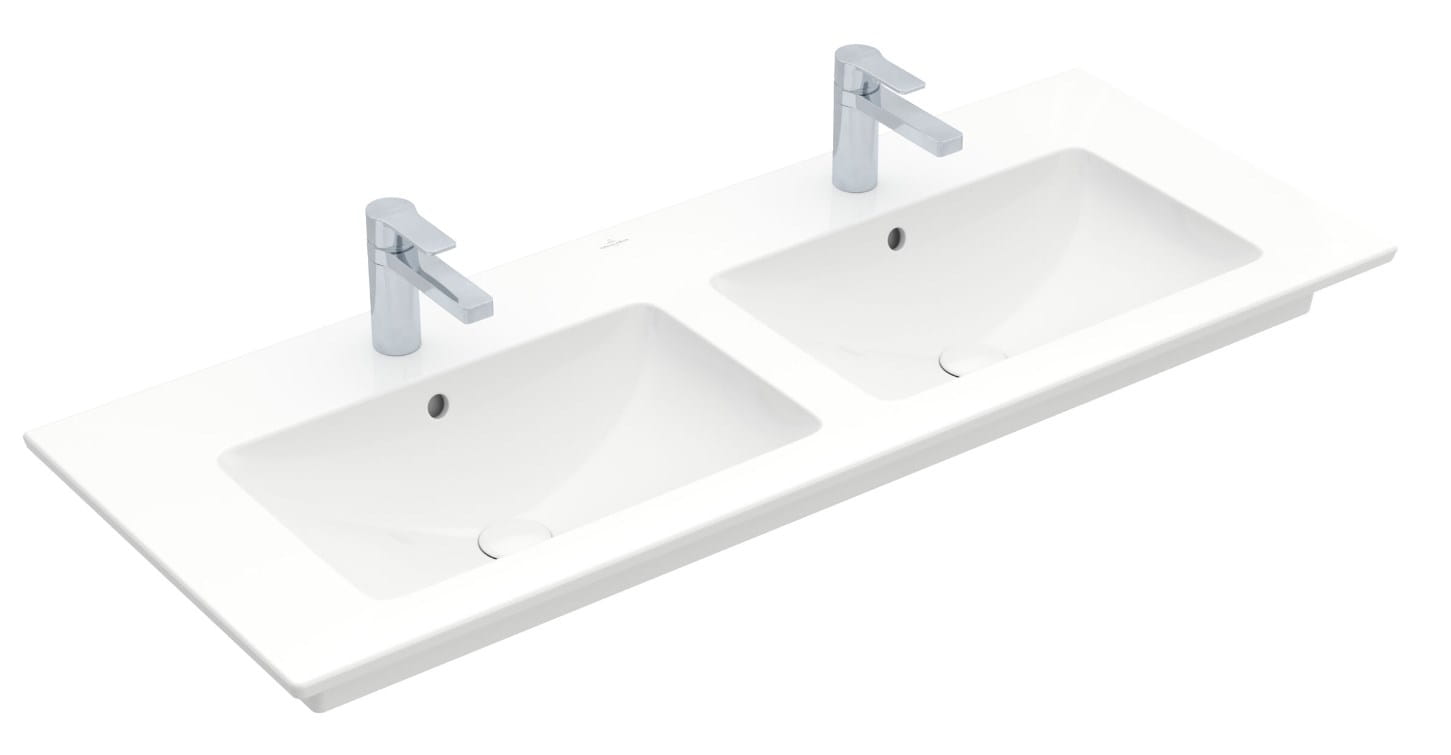 VILLEROY & BOCH VERITY LINE dvojumývadlo 130 cm, s 2 otvormi pre batérie a prepadom, CeramicPlus, alpská biela