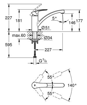 GROHE EUROSMART drezová batéria, chróm 33281003 Technický nákres