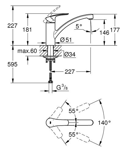 GROHE EUROSMART drezová batéria, chróm 33281003 Technický nákres