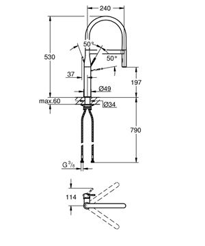 GROHE ESSENCE NEW drezová batéria, s flexi ramienkom a sprškou, chróm / čierna 30503000 Technický nákres