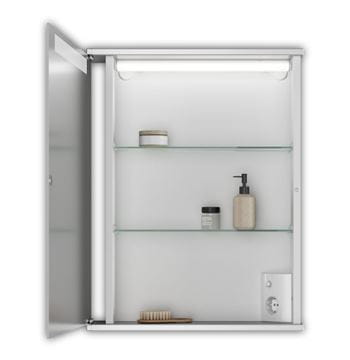 JOKEY CENTO 50 LS zrkadlová skrinka 50x65x14 cm, osvetlenie, s vypínačom a el. zásuvkou, MDF/drevo, aluminium/biela 114311020-0140 Obrázek - fotka