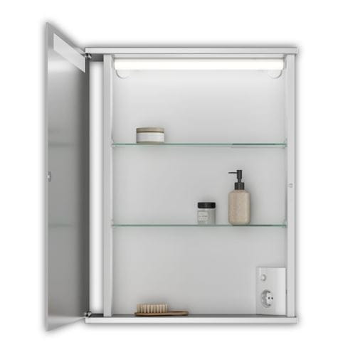 JOKEY CENTO 50 LS zrkadlová skrinka 50x65x14 cm, osvetlenie, s vypínačom a el. zásuvkou, MDF/drevo, aluminium/biela 114311020-0140 Obrázek - fotka