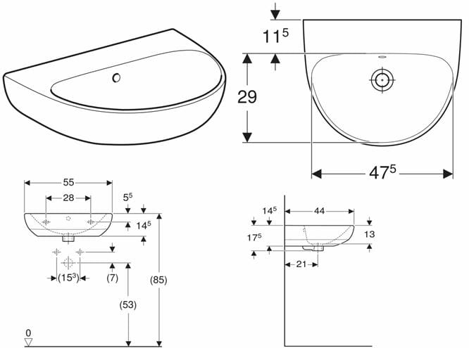 GEBERIT SELNOVA umývadlo 55 cm, s prepadom 500.304.01.7 Technický nákres