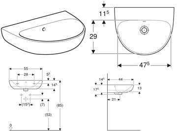 GEBERIT SELNOVA umývadlo 55 cm, s prepadom 500.304.01.7 Technický nákres